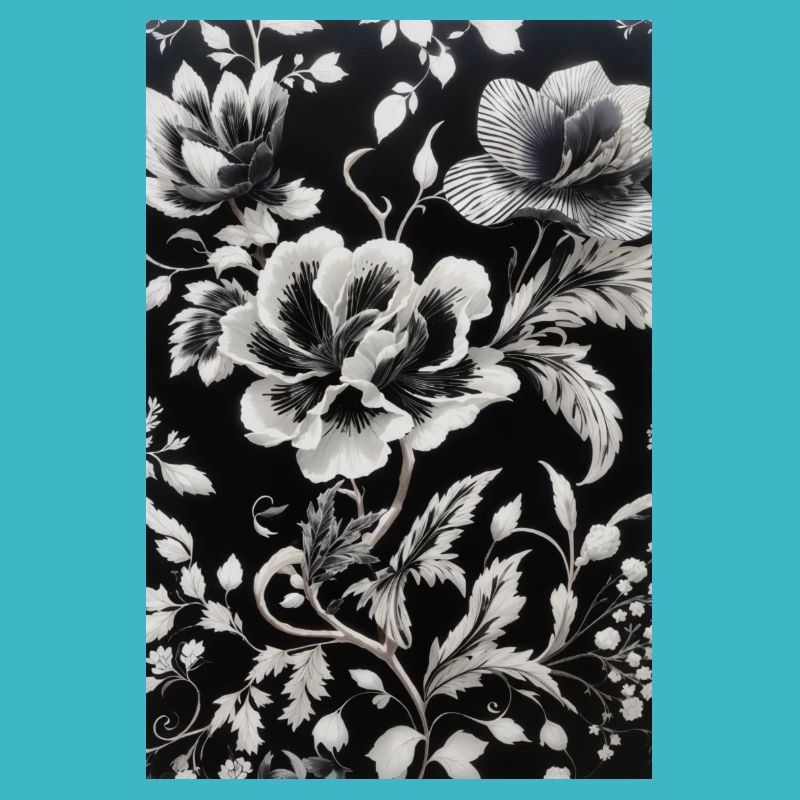 white floral pattern on a black background.