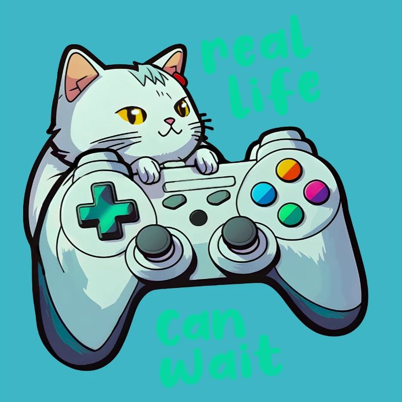 Gamer Katze Controller Spruch Real Life Can Wait