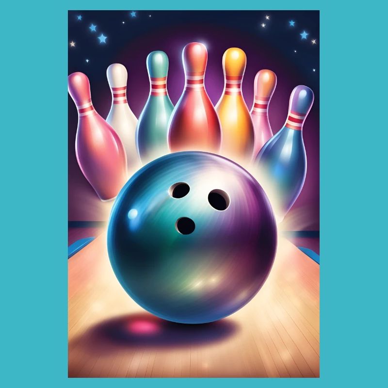 Bowling ball and pretty colored pins