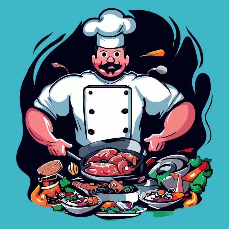 COOL TSHIRT. A CHEF PREPARING A BIG MEAL
