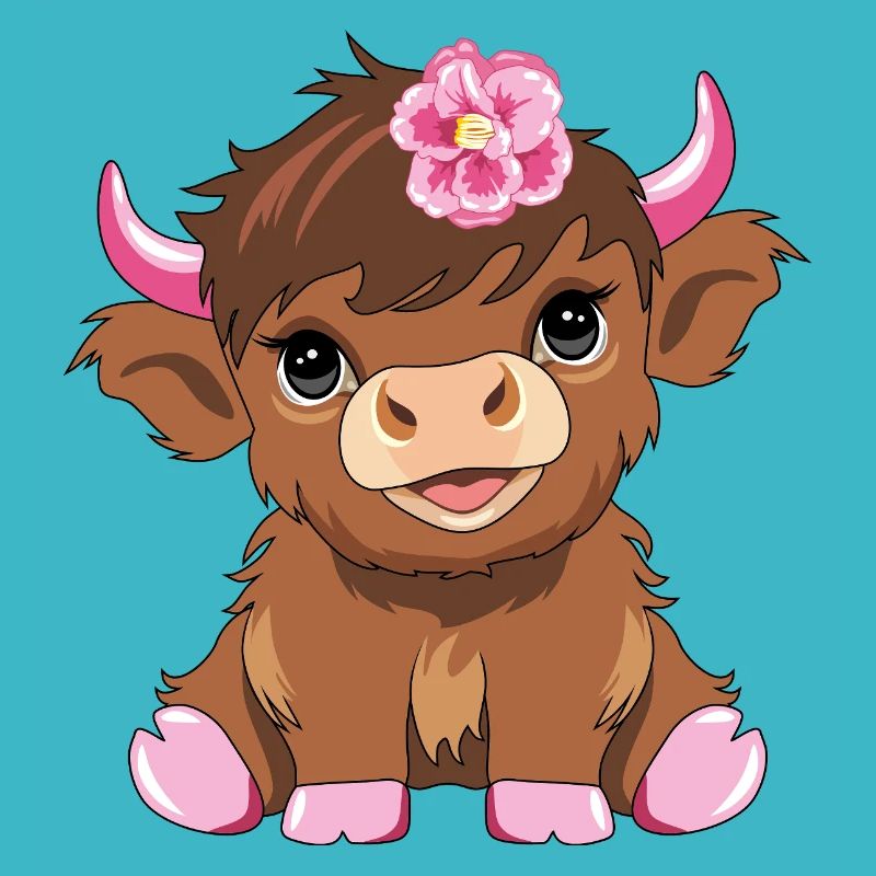 Mignon bébé vache des hautes terres avec une fleur rose