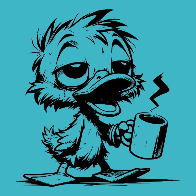 Putzige verschlafene Ente mit heissem Kaffee