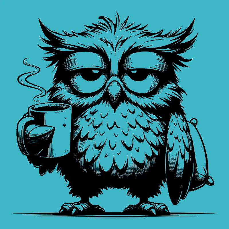 Lustige müde Comic Eule mit Kaffee Defizit