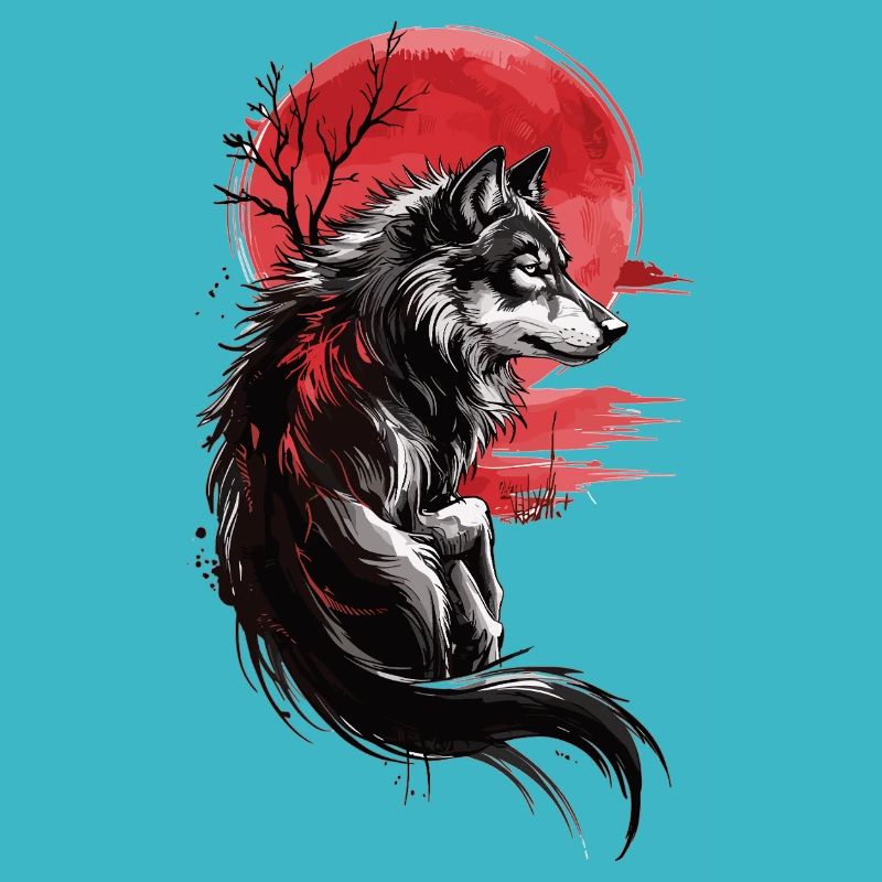 Loup sauvage devant le soleil rouge