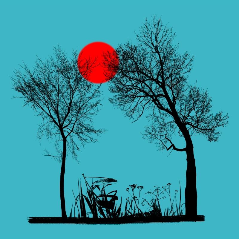 Rote Sonne mit Bäumen