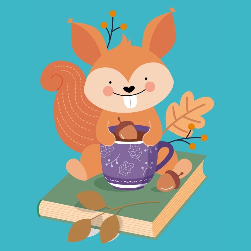 Eichhörnchen mit Buch und Kakao