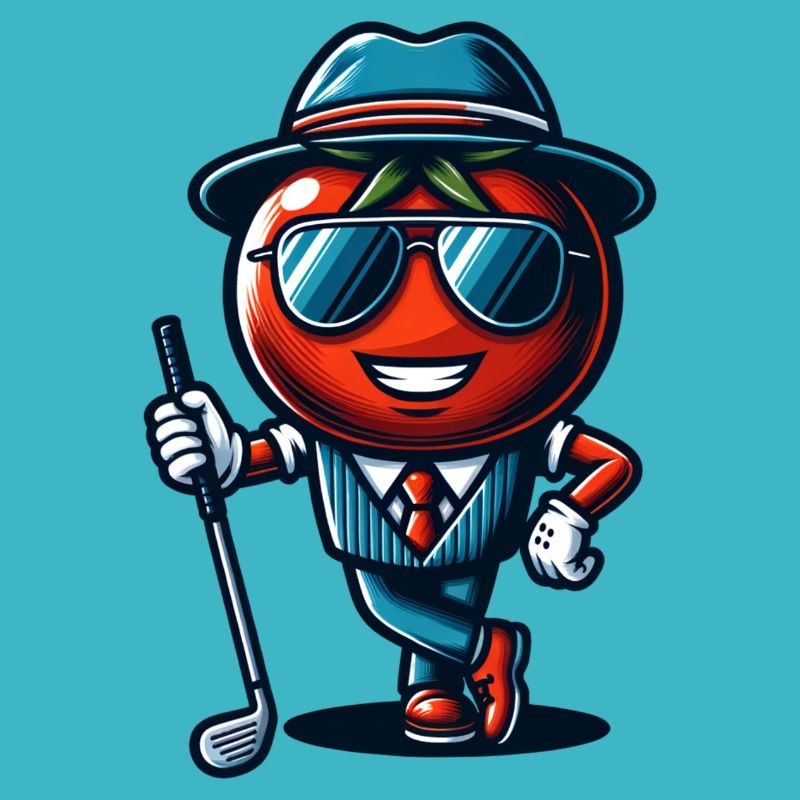 Funny golf tomato in a cool suit with