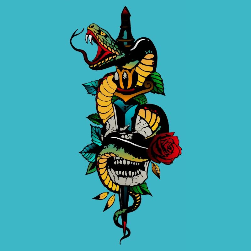 Kopf des Todes Schlangenschädel Old School Tattoo Dolch