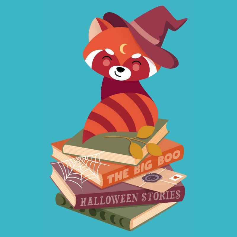 red panda on Halloween book pile