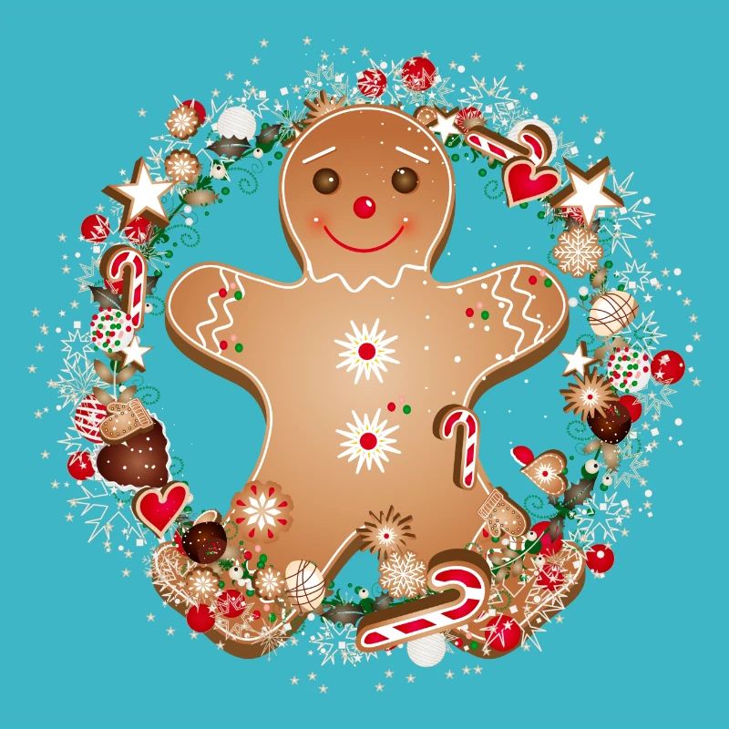 cheerful gingerbread man in the cookie wreath