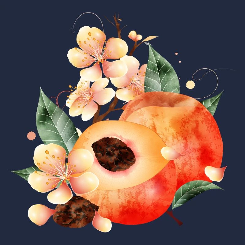 Peach Half, Peaches, Leaves & Peach Blossoms