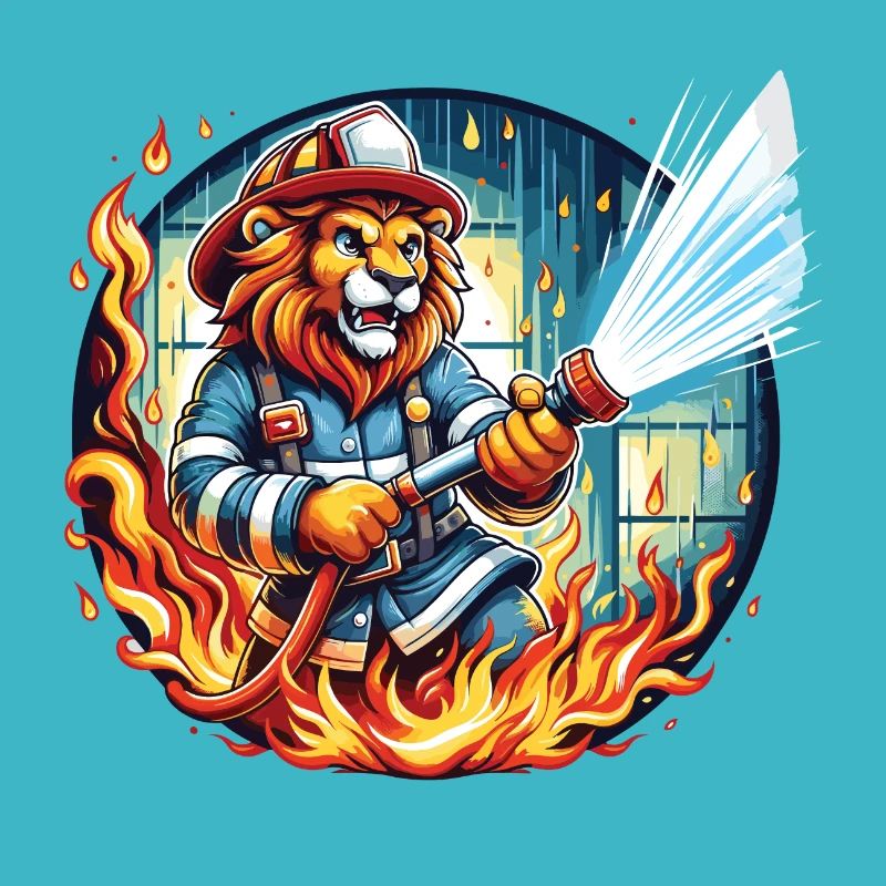 Lion, Pompier, Pompier, Flammes, Héros