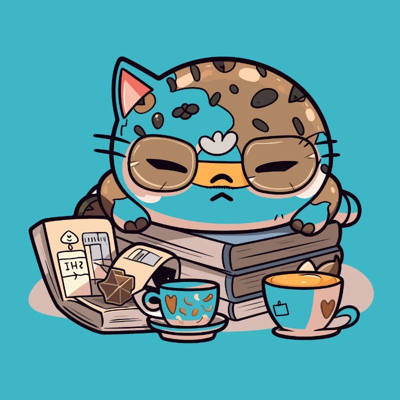 Der mürrische Leser: Eine schläfrige Katze und ein Stapel Bücher