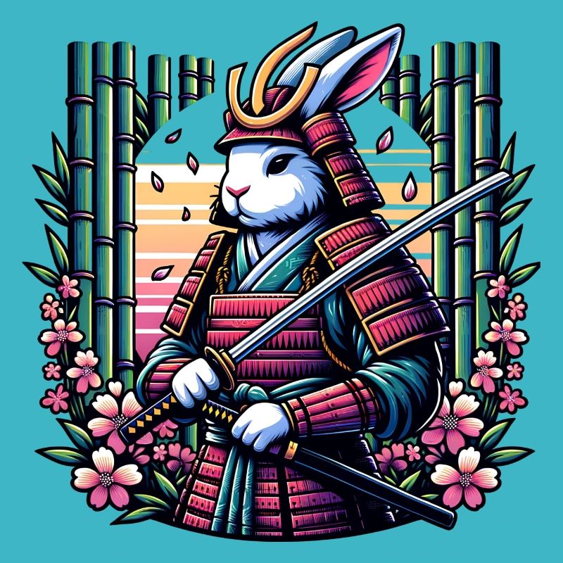 Lapin samouraï dans une forêt de bambous