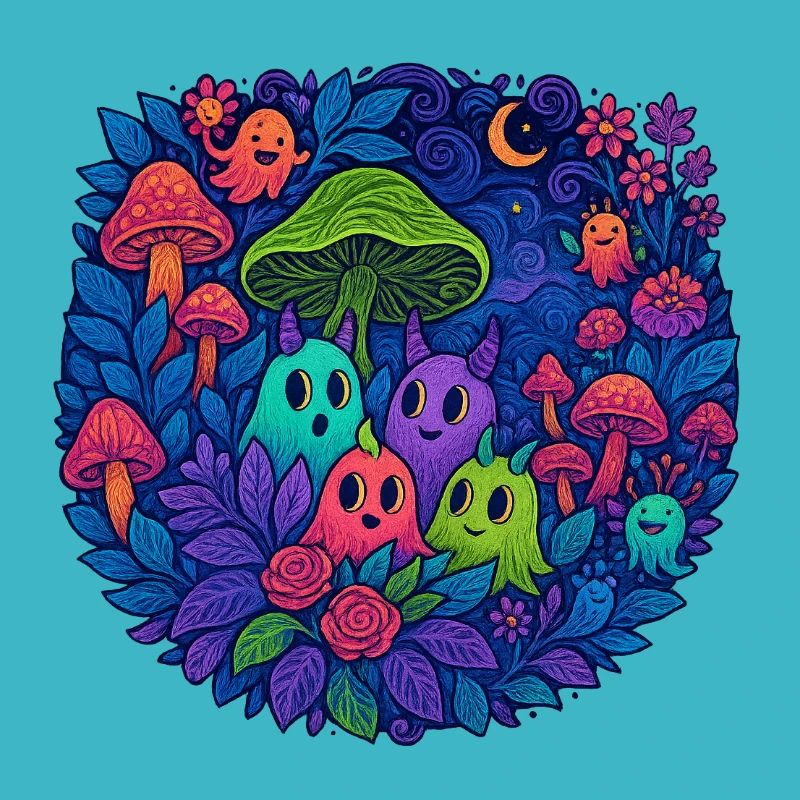 Amis monstres néons dans la forêt de champignons
