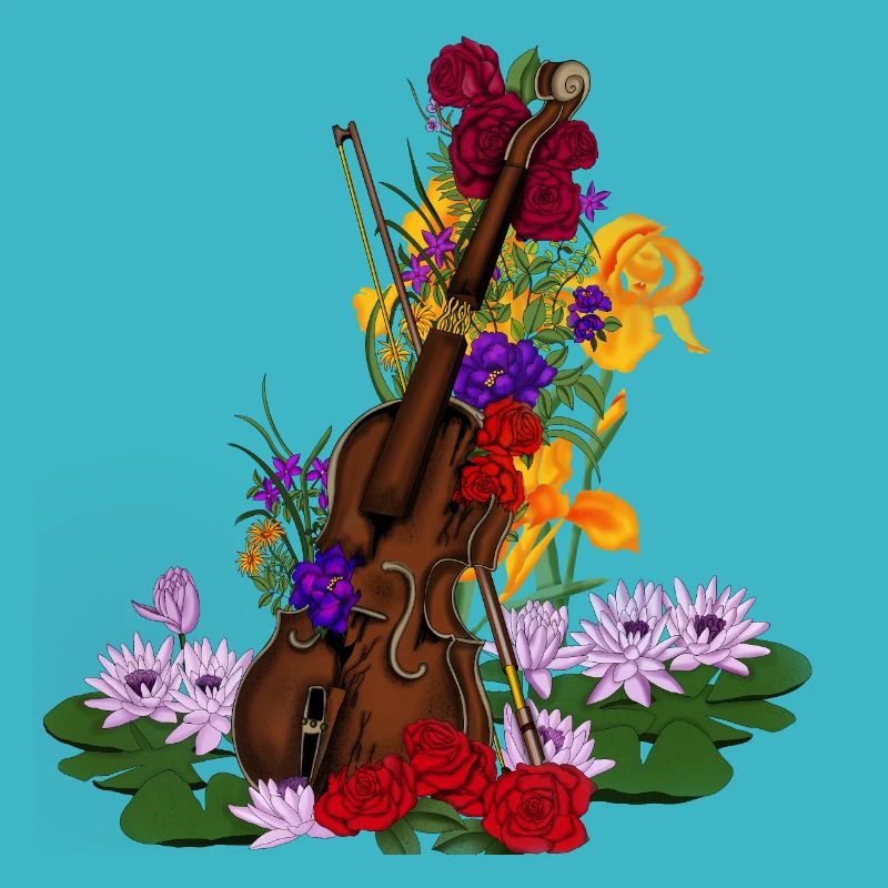 Broken violin with flowers. Classical music
