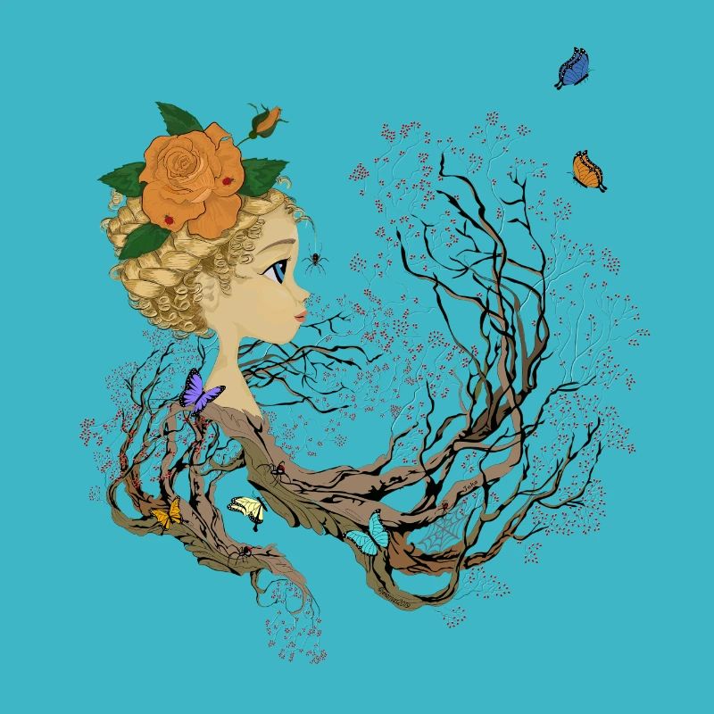 Mädchen, Schmetterlinge und Baum