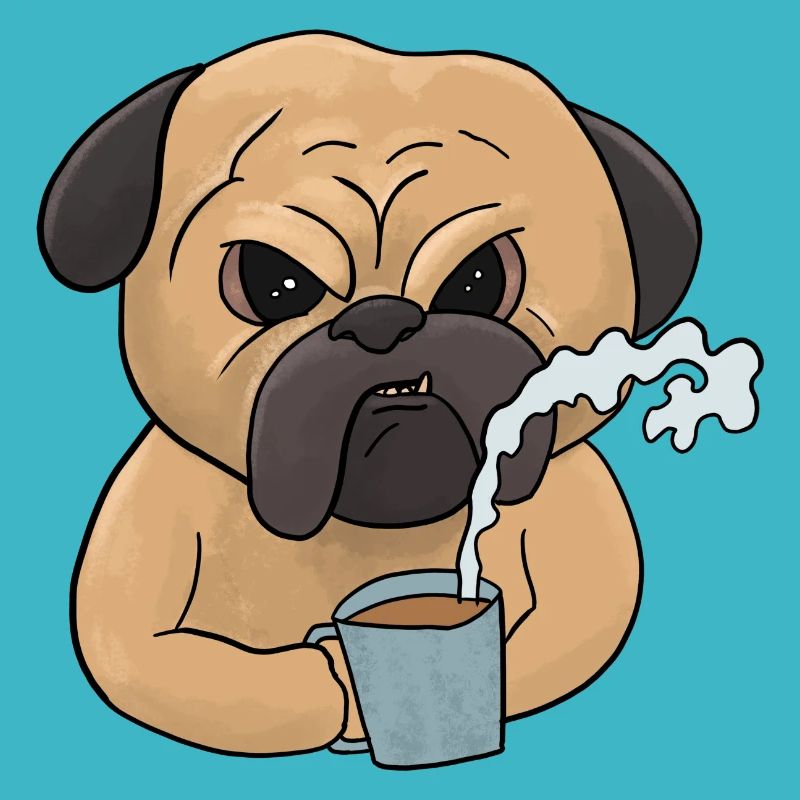 Mürrischer Mops-Hund mit Kaffee Morgenmuffel