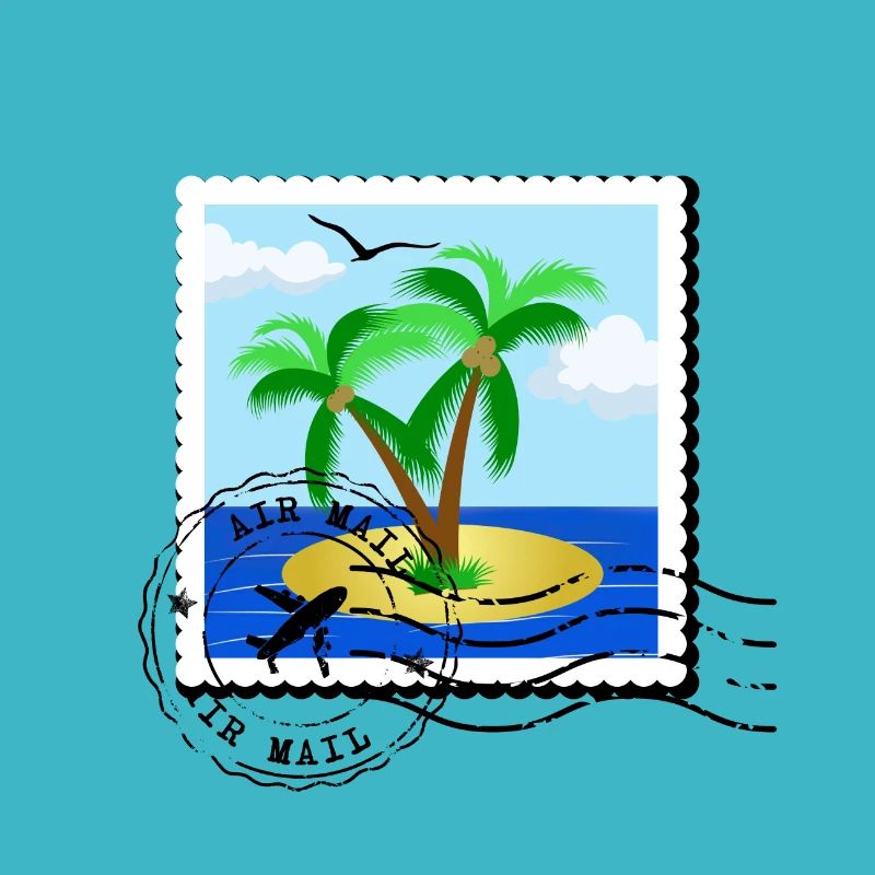 Postage stamp with palm tree on desert island and stamp