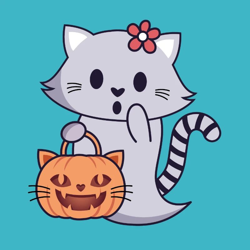 Cat Ghost with Pumpkin Bag