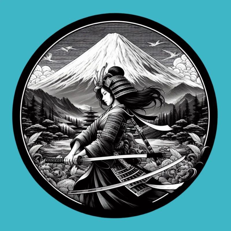 Femme Samouraï avec katana devant Fuji