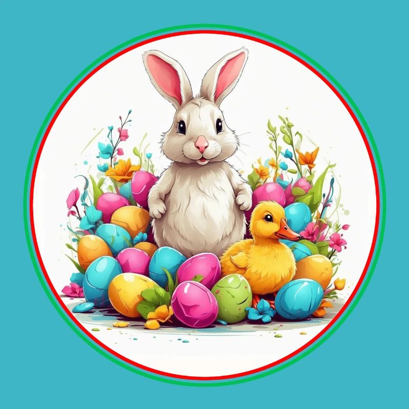 Easter Bunny in Easter Basket Colorful Eggs and Ducklings