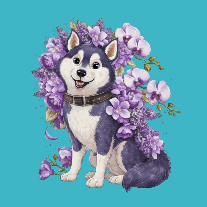 Mignon husky de dessin animé avec de jolies orchidées