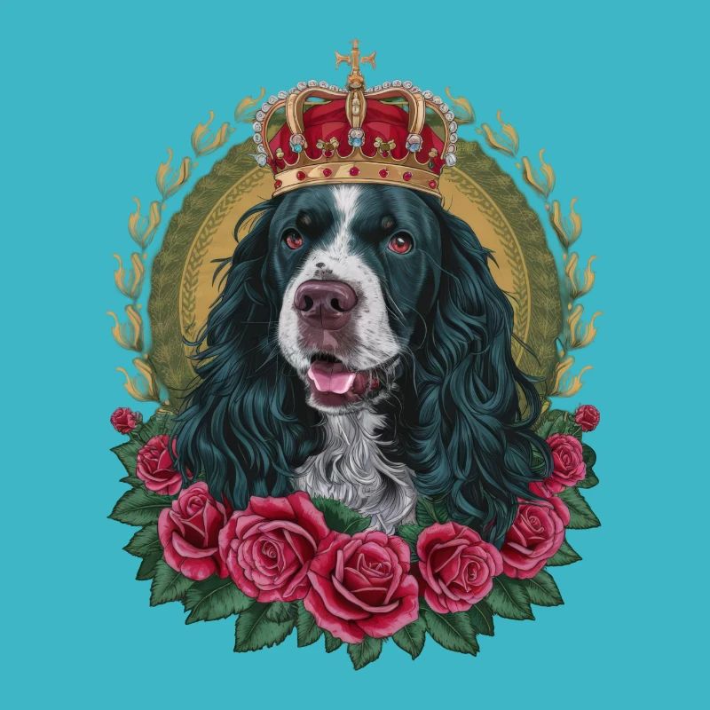 Cocker Spaniel mit Krone und Rosen