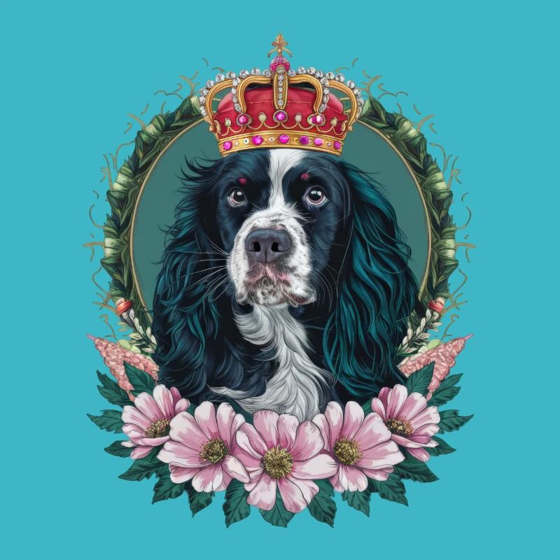 Cocker Spaniel mit Blumen und Krone