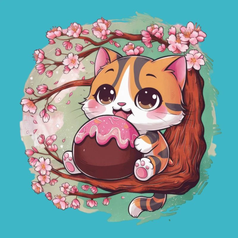 Cute Kawaii Cat with Hanami Dango + Cherry Blossoms