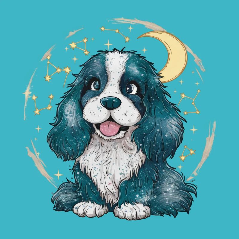 Süßer Cocker Spaniel mit Mond und Sternen