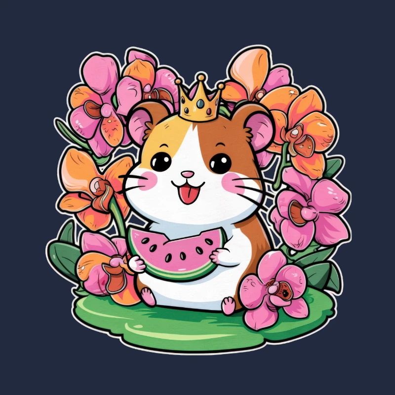 Hamster kawaii avec pastèques et orchidées