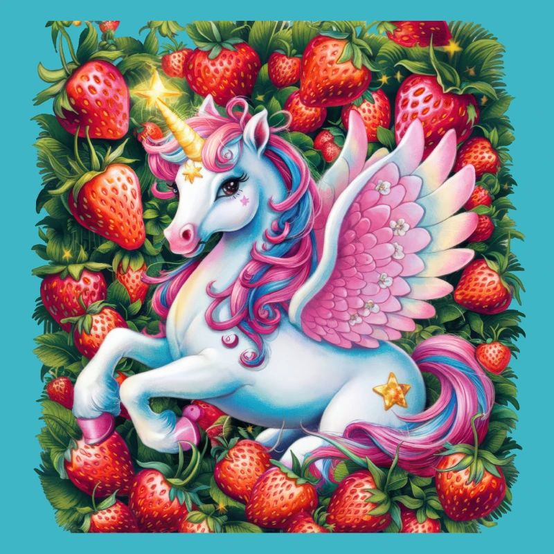 Süßes Pegasus Einhorn mit Erdbeeren