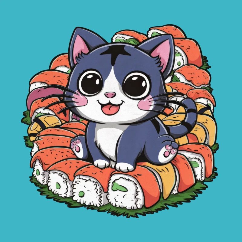 Mignon chat kawaii aime les sushis