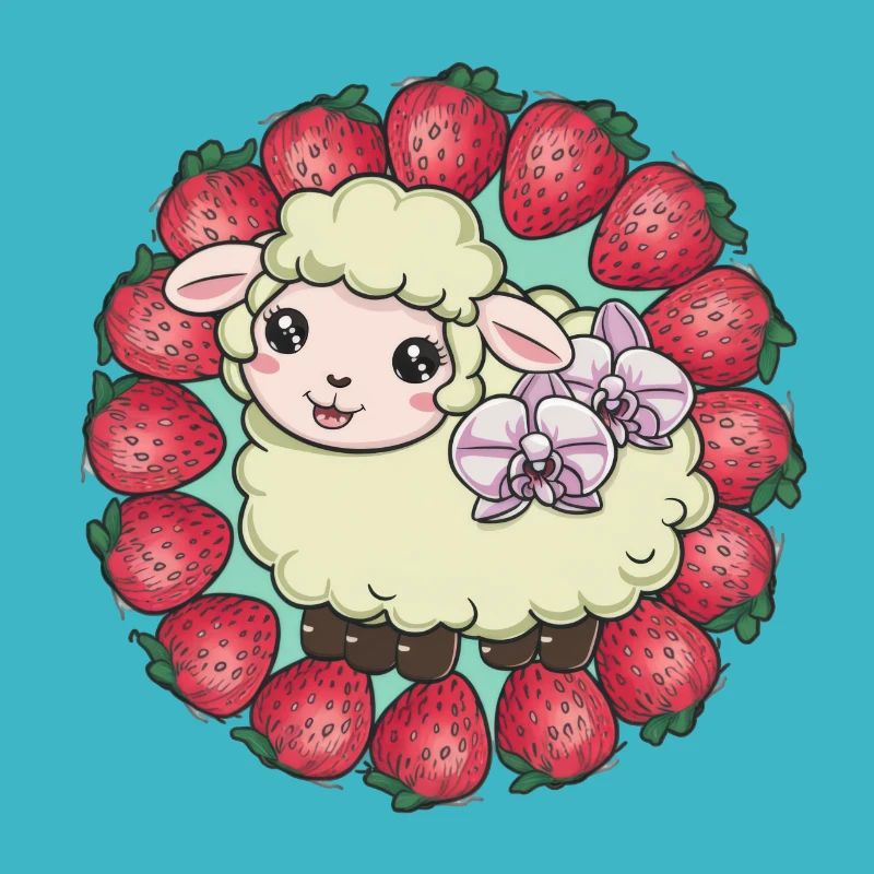 Süßes Kawaii Schaf mit Erdbeeren & Orchideen