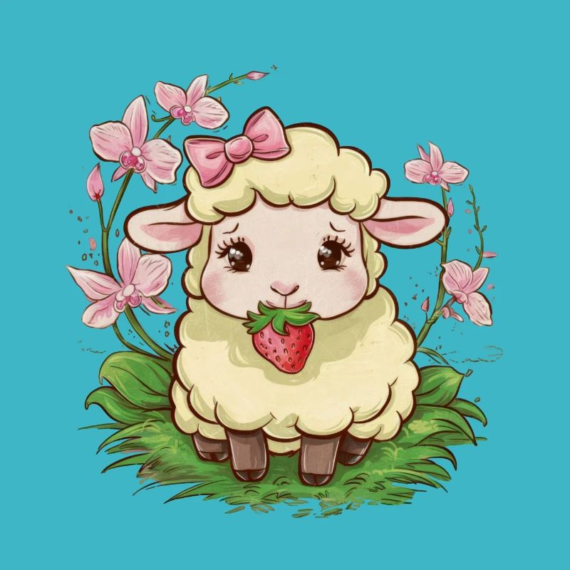 Süßes Kawaii Schaf mit Erdbeeren & Orchideen