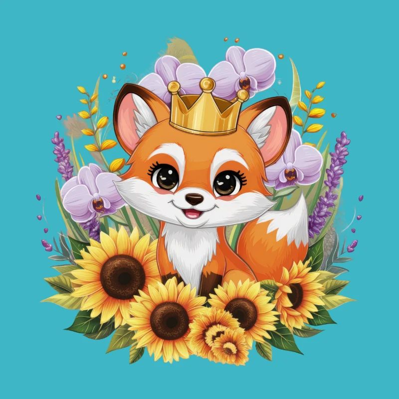 Fuchs mit Orchideen und Sonnenblumen