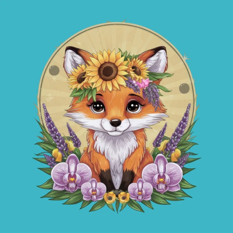 Fuchs mit Orchideen und Sonnenblumen