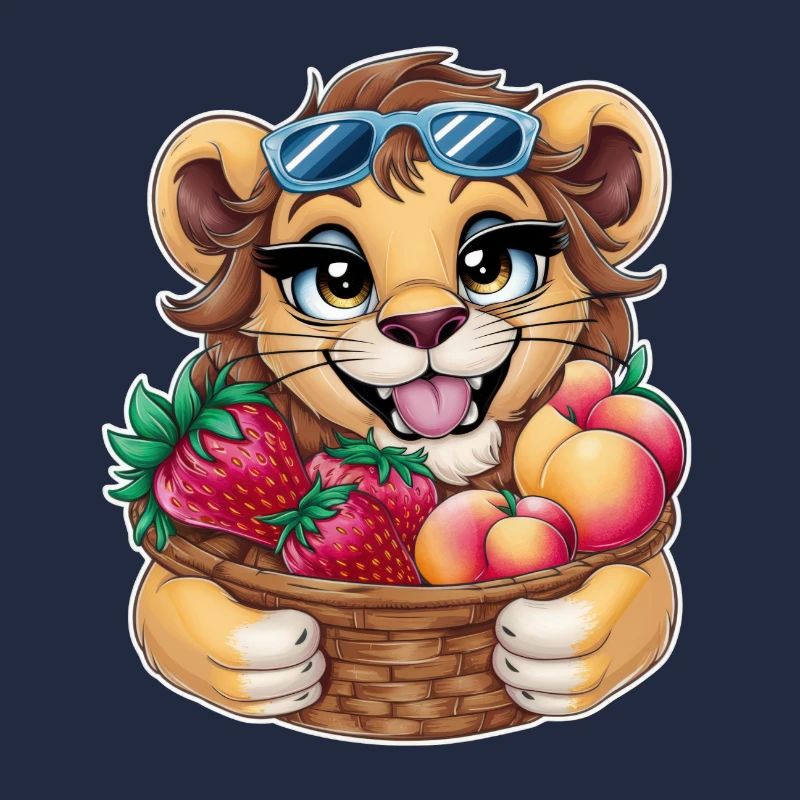 Kawaii Löwe mit Erdbeeren und Pfirsichen