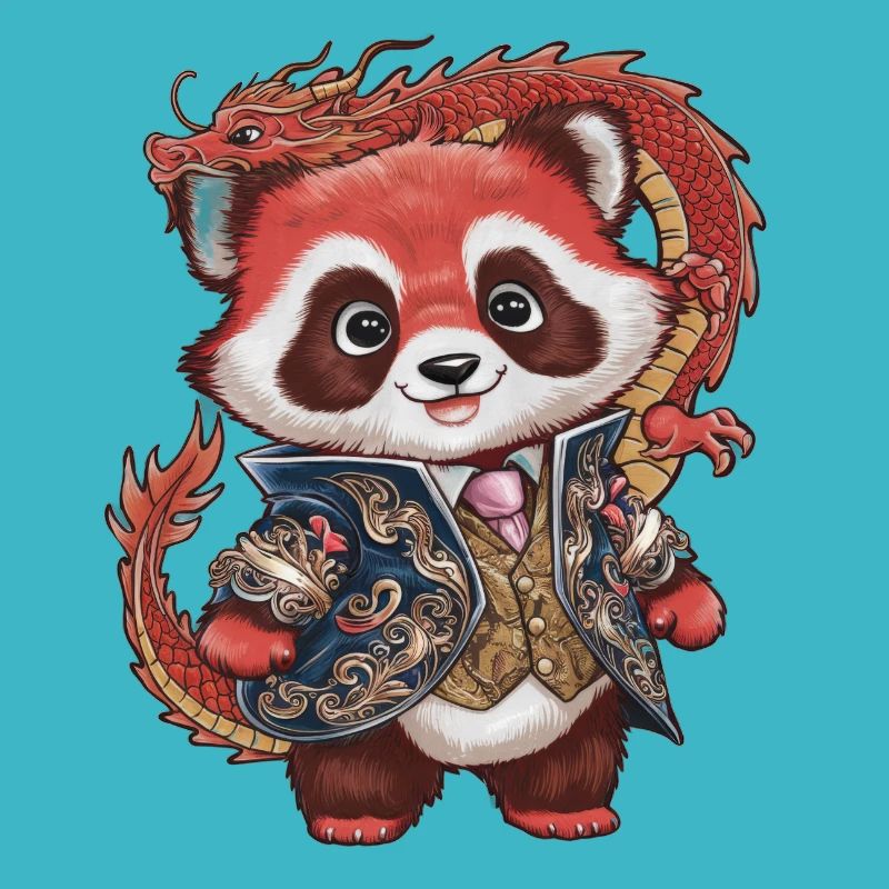 Panda roux avec dragon chinois