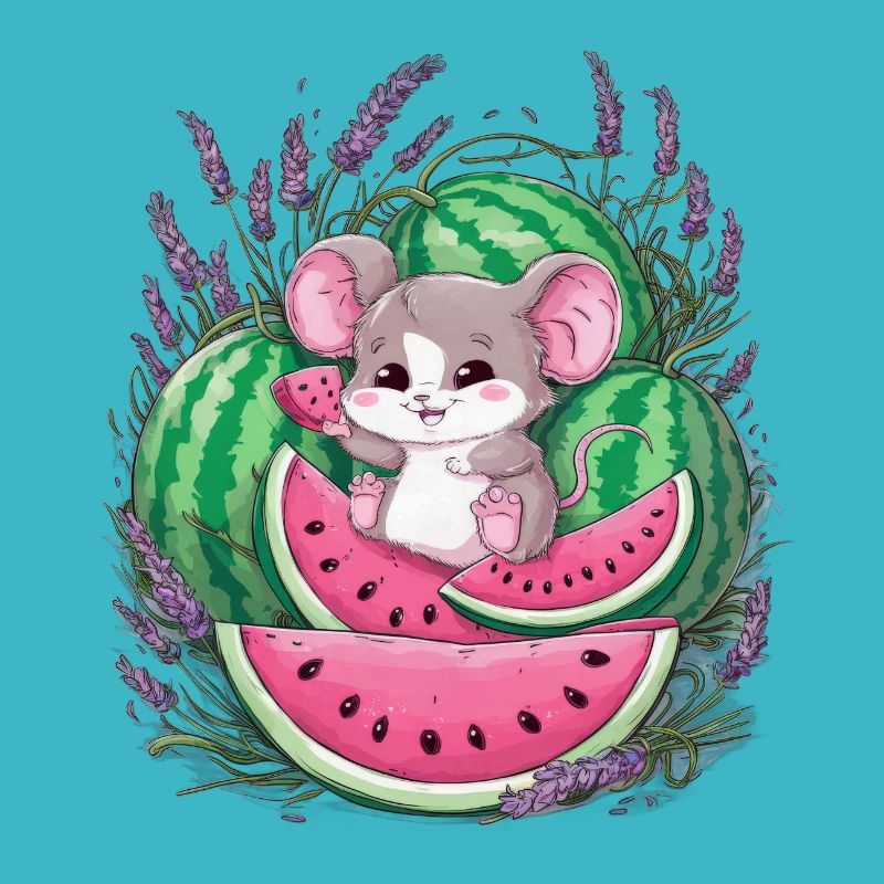 Cute Kawaii Mouse with Melon and Lavender