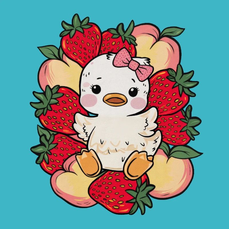 Cartoon Kawaii Entchen mit Pfirsichen, Erdbeeren