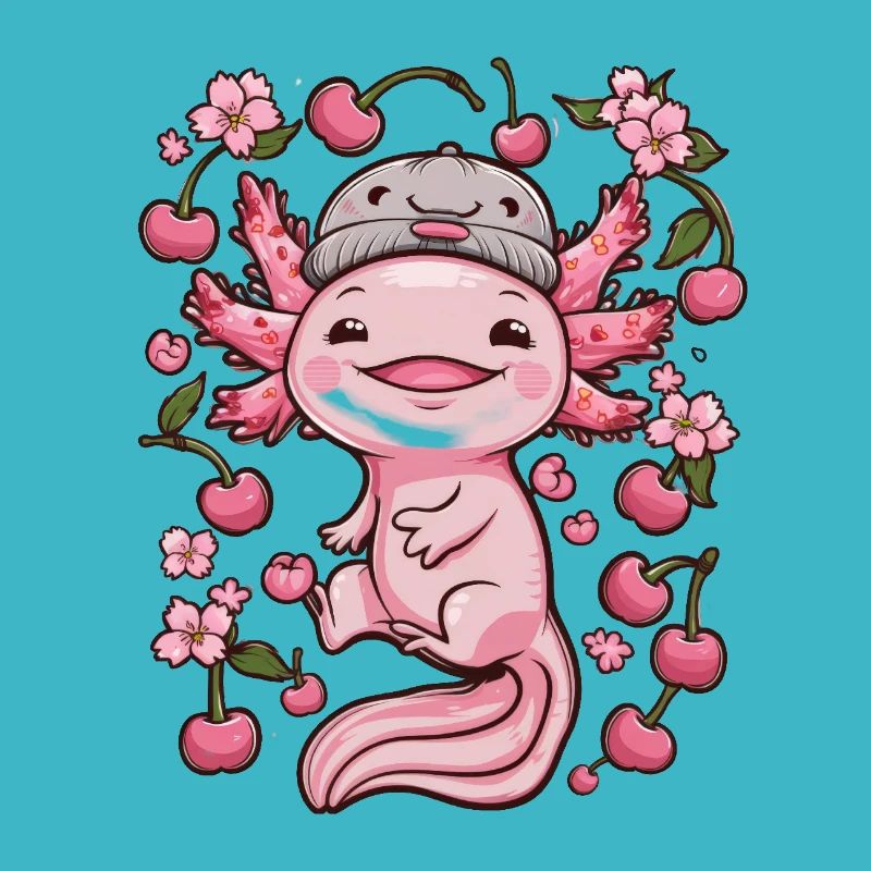 Axolotl with Cherries and Sakura Cherry Blossoms