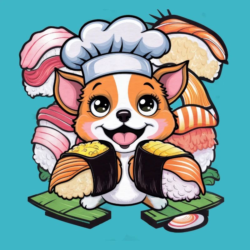 Chien Kawaii mignon avec sushis