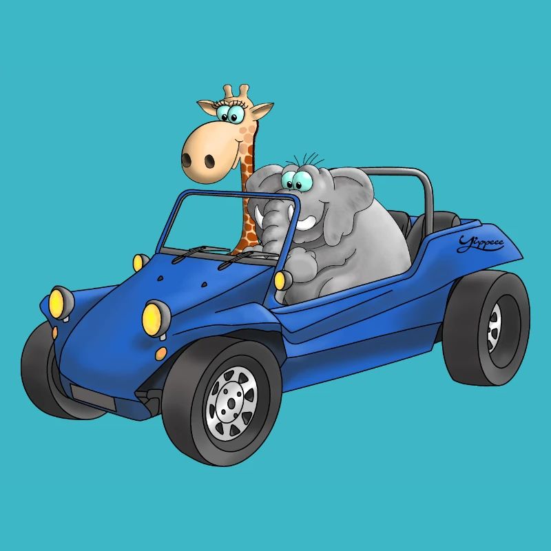 Éléphant et girafe en buggy