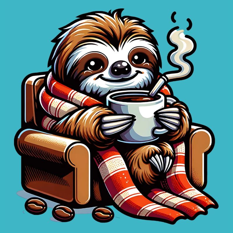 Cozy sloth with coffee