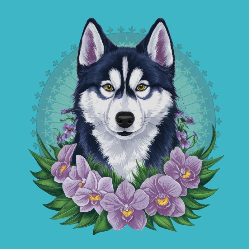 Mignon husky de dessin animé avec de jolies orchidées