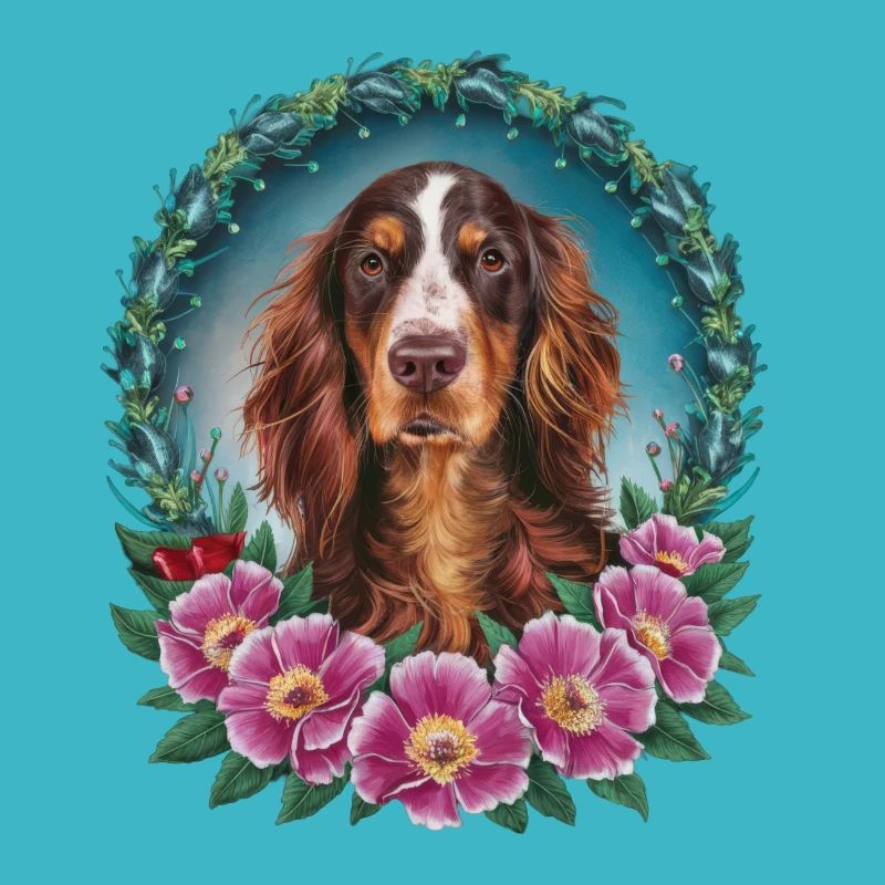 Chien Setter Irlandais mignon avec des fleurs