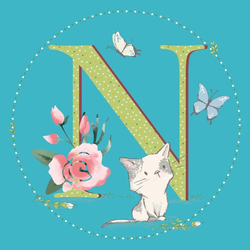 Initial letter N with cat