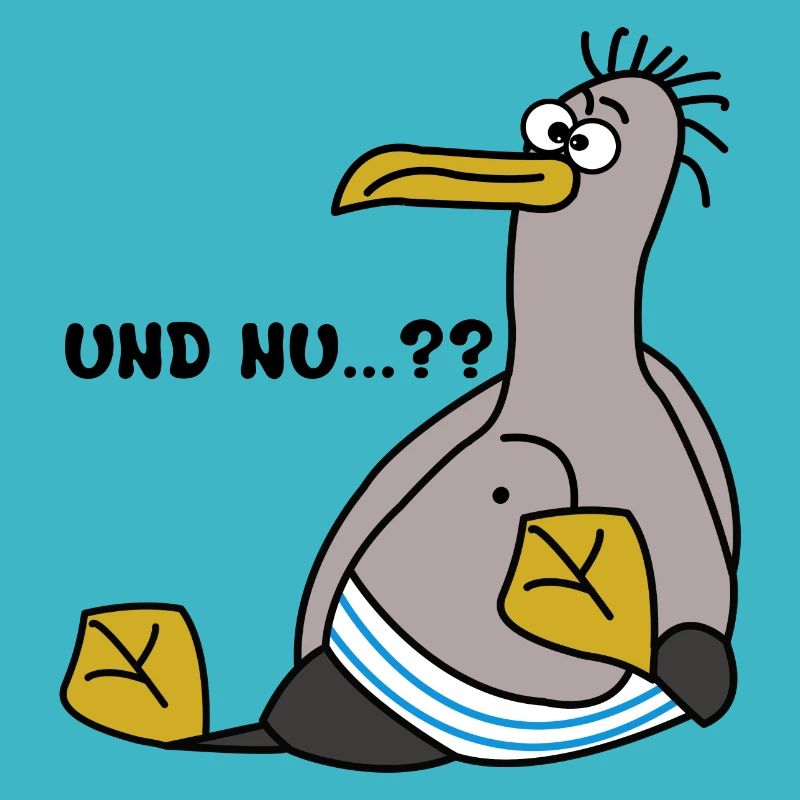 Eine Möwe die schielt und sitzt mit Spruch